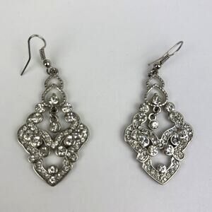 Silver Tone and Rhinestone Dangle Earrings 2" drop, 1" wide
